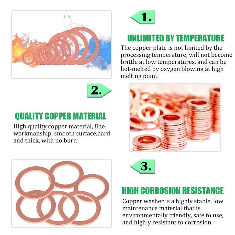 Keadic 320Pcs Copper Washers, 12 Sizes Copper Crush Washer, Coppers Sealing Washers Flat Ring Sump Plug Oil Seal Gasket Flat Washers Assortment Kit for Automotive M6 M8 M10 M12 M14 M16 M18 M20 - Image 4